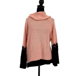 2/$18 SALE! Lane Bryant Sweater Women 14/16 Pink‎ Black Lace Bell Sleeve Chunky